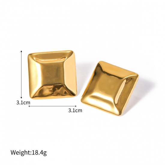 Picture of 1 Pair Eco-friendly Vacuum Plating Stylish Simple 18K Real Gold Plated 304 Stainless Steel Square Smooth Blank Ear Post Stud Earrings For Women Party 3.1cm x 3.1cm