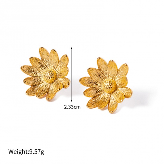 Picture of 1 Pair Eco-friendly Vacuum Plating Natural Pastoral Stylish 18K Real Gold Plated 304 Stainless Steel Sunflower Ear Post Stud Earrings For Women Party 2.3cm x 2.3cm