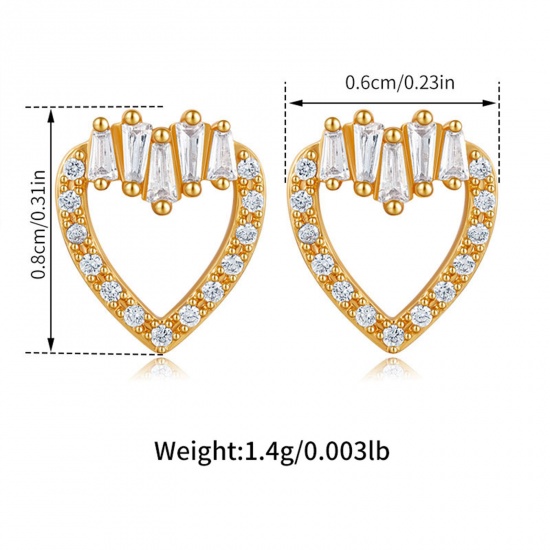 Immagine di 1 Paio Ecologico Dolce & Carino Stile Ins 18K Vero Oro Placcato Ottone & Strass Cuore Micro Spianare Orecchini a Perno Per Donne Festa 8mm x 6mm