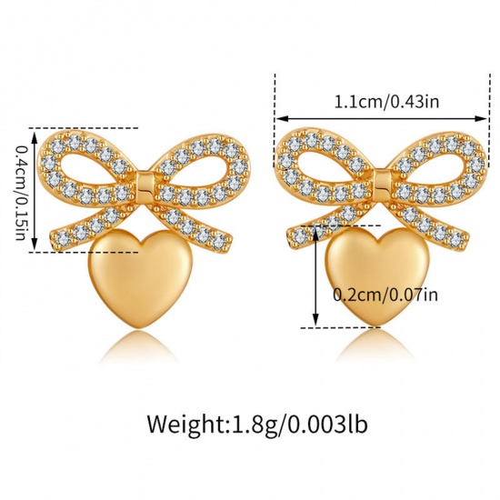 Immagine di 1 Paio Ecologico Dolce & Carino Stile Ins 18K Vero Oro Placcato Ottone & Strass Cravatta a Farfalla Cuore Micro Spianare Orecchini a Perno Per Donne Festa 1.1cm x 0.6cm