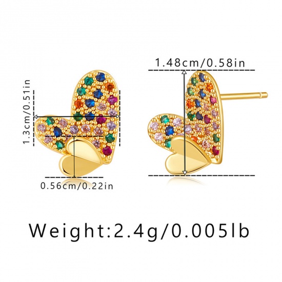 Immagine di 1 Paio Ecologico Dolce & Carino Stile Ins 18K Vero Oro Placcato Ottone & Strass Cuore Micro Spianare Orecchini a Perno Per Donne Festa 1.5cm x 1.3cm