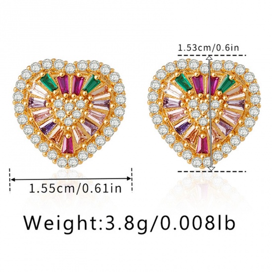 Immagine di 1 Paio Ecologico Dolce & Carino Stile Ins 18K Vero Oro Placcato Ottone & Strass Cuore Micro Spianare Orecchini a Perno Per Donne Festa 1.5cm x 1.5cm