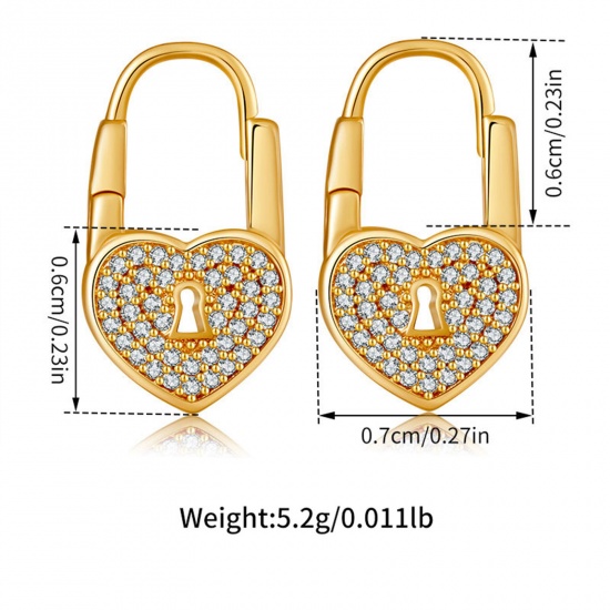 Immagine di 1 Paio Ecologico Dolce & Carino Stile Ins 18K Vero Oro Placcato Ottone & Strass Serratura Cuore Micro Spianare Orecchini a Perno Per Donne Festa 1.2cm x 0.7cm