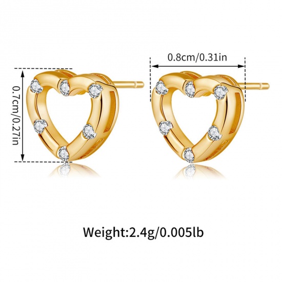 Immagine di 1 Paio Ecologico Dolce & Carino Stile Ins 18K Vero Oro Placcato Ottone & Strass Cuore Micro Spianare Orecchini a Perno Per Donne Festa 8mm x 7mm