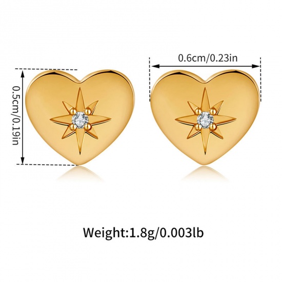 Immagine di 1 Paio Ecologico Dolce & Carino Stile Ins 18K Vero Oro Placcato Ottone & Strass Cuore Stella Micro Spianare Orecchini a Perno Per Donne Festa 6mm x 5mm