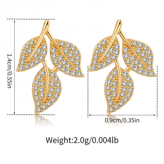 Immagine di 1 Paio Ecologico Dolce & Carino Stile Ins 18K Vero Oro Placcato Ottone & Strass Foglia Micro Spianare Orecchini a Perno Per Donne Festa 1.4cm x 0.9cm