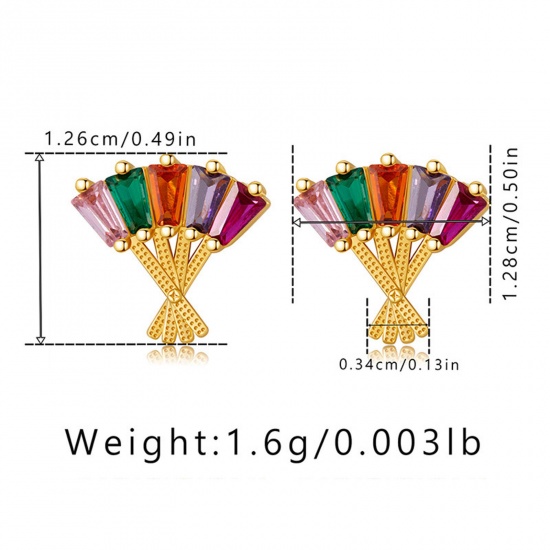 Immagine di 1 Paio Ecologico Dolce & Carino Stile Ins 18K Vero Oro Placcato Ottone & Strass torcia Fan Micro Spianare Orecchini a Perno Per Donne Festa 1.3cm x 1.3cm