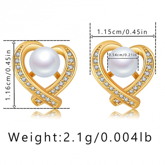 Immagine di 1 Paio Ecologico Dolce & Carino Stile Ins 18K Vero Oro Placcato Ottone & Strass Cuore Imitata Perla Orecchini a Perno Per Donne Festa 1.2cm x 1.2cm