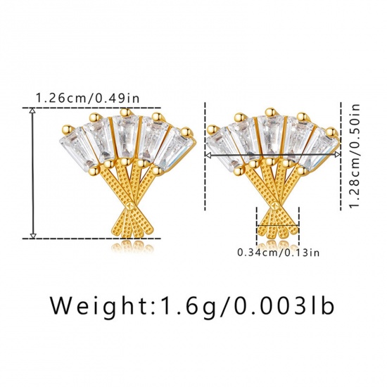 Immagine di 1 Paio Ecologico Dolce & Carino Stile Ins 18K Vero Oro Placcato Ottone & Strass torcia Fan Micro Spianare Orecchini a Perno Per Donne Festa 1.3cm x 1.3cm