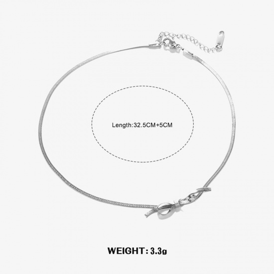 Picture of 1 Piece Vacuum Plating Stylish Simple Silver Tone 304 Stainless Steel Snake Chain Bowknot Choker Necklace For Women Party 32.5cm(12 6/8") long