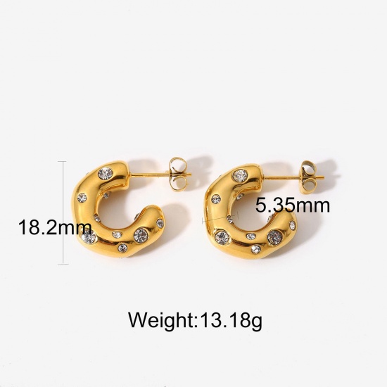 Picture of 1 Pair Vacuum Plating Simple & Casual Stylish 18K Gold Plated 304 Stainless Steel & Rhinestone C Shape Hoop Earrings For Women Party 18mm