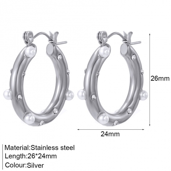 Picture of 1 Pair Eco-friendly Stylish Ins Style Silver Tone 304 Stainless Steel & Rhinestone Circle Ring Imitation Pearl Hoop Earrings For Women Party 2.6cm x 2.4cm