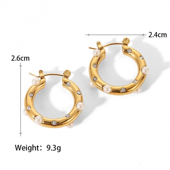 Picture of 1 Pair Vacuum Plating Stylish Ins Style 18K Gold Plated 304 Stainless Steel & Rhinestone Circle Ring Imitation Pearl Hoop Earrings For Women Party 2.6cm x 2.4cm