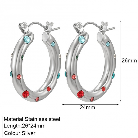 Picture of 1 Pair Eco-friendly Stylish Ins Style Silver Tone 304 Stainless Steel & Rhinestone Circle Ring Hoop Earrings For Women Party 2.6cm x 2.4cm