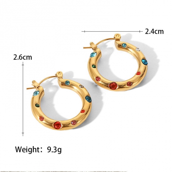 Picture of 1 Pair Vacuum Plating Stylish Ins Style 18K Gold Plated 304 Stainless Steel & Rhinestone Circle Ring Hoop Earrings For Women Party 2.6cm x 2.4cm