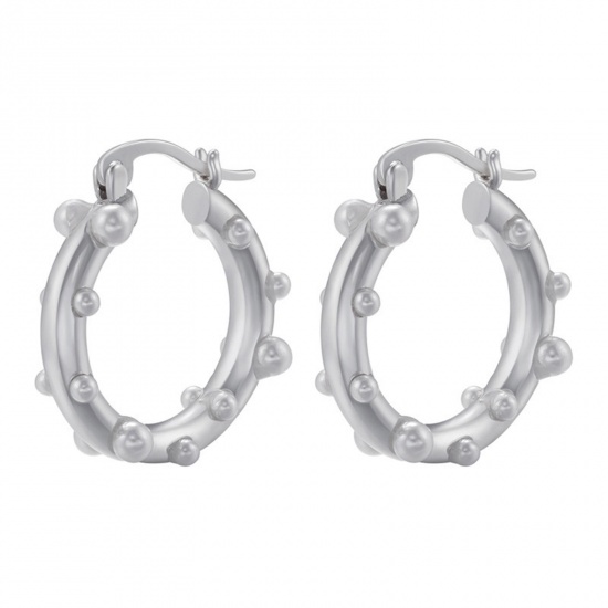 Picture of 1 Pair Eco-friendly Stylish Ins Style Silver Tone 304 Stainless Steel & Acrylic Circle Ring Imitation Pearl Hoop Earrings For Women Party 2.6cm x 2.4cm