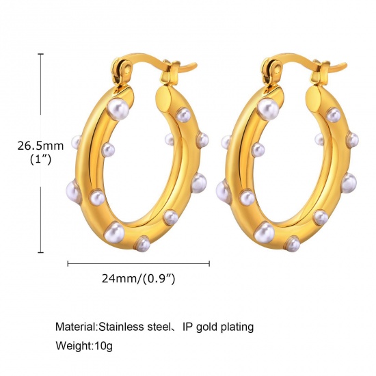 Picture of 1 Pair Vacuum Plating Stylish Ins Style 18K Gold Plated 304 Stainless Steel & Acrylic Circle Ring Imitation Pearl Hoop Earrings For Women Party 2.6cm x 2.4cm