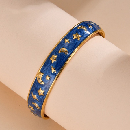 Picture of Wholesale Star Moon Dark Blue Enamel 304 Stainless Steel Bangles Bracelets, 18K Gold Plated Vacuum Plating, Women's Galaxy Retro Gift Jewelry Supply, 6.1cm Dia., 1 Piece