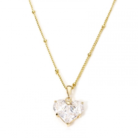 Picture of 1 Piece Eco-friendly Stylish Valentine's Day Real Gold Plated Transparent Clear Brass & Cubic Zirconia Ball Chain Heart Pendant Necklace For Women Engagement 45cm(17 6/8") long