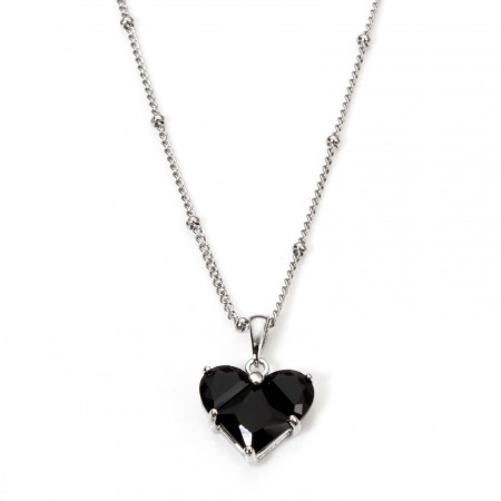 Picture of 1 Piece Eco-friendly Stylish Valentine's Day Real Gold Plated Black Stainless Steel & Brass & Cubic Zirconia Ball Chain Heart Pendant Necklace For Women Engagement 45cm(17 6/8") long