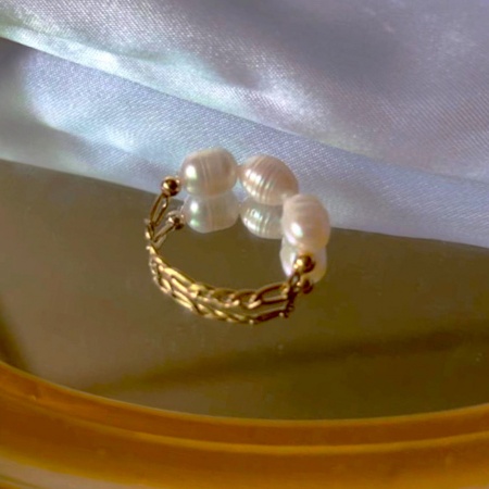 1 Piece Vacuum Plating Retro Elegant 18K Gold Plated 304 Stainless Steel & Natural Pearl Unadjustable Baroque Rings For Women Party 17mm(US Size 6.5)