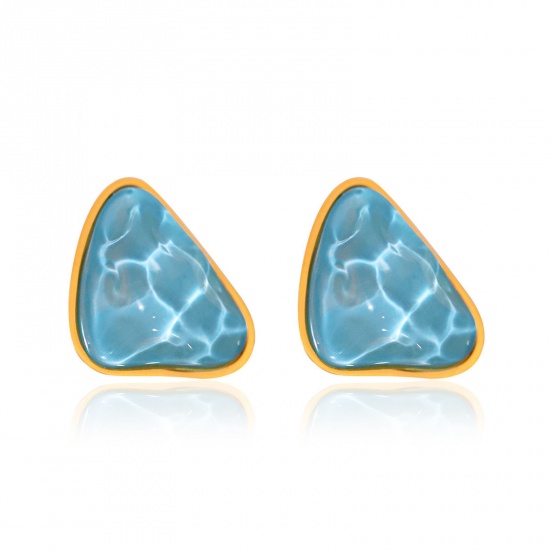 Picture of 1 Pair Hypoallergenic Bohemia Boho Beach 18K Gold Plated Blue 304 Stainless Steel & Resin Triangle Ripple Ear Post Stud Earrings For Women Party 2.3cm x 2.1cm