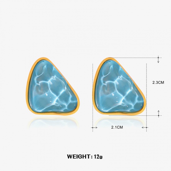 Immagine di 1 Paio Ipoallergenico Boemia Spiaggia Placcato Oro 18K Blu 304 Acciaio Inossidabile & Resina Triangolo Increspatura Orecchini a Perno Per Donne Festa 2.3cm x 2.1cm