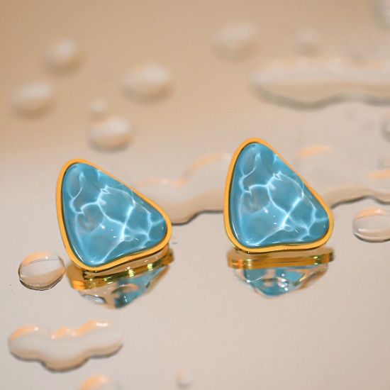 Picture of 1 Pair Hypoallergenic Bohemia Boho Beach 18K Gold Plated Blue 304 Stainless Steel & Resin Triangle Ripple Ear Post Stud Earrings For Women Party 2.3cm x 2.1cm