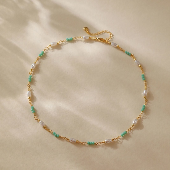 Bild von 1 Strang Umweltfreundlich Barock Elegant 18K Echtgold plattiert Messing Handgefertigte Gliederkette Barocke Imitat Perle Halskette Für Frauen Party 39cm lang