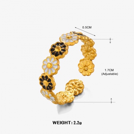 Picture of Wholesale Women's Gift Daisy Flower Black & White Enamel Open Rings, 18K Gold Plated 304 Stainless Steel, Vacuum Plating Retro Natural Pastoral Jewelry Supply, 17mm(US Size 6.5), 1 Piece