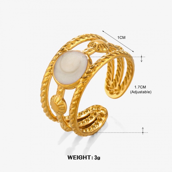 Picture of 1 Piece Vacuum Plating Stylish Ins Style 18K Gold Plated White 304 Stainless Steel Open Round Enamel Rings Unisex Party 17mm(US Size 6.5)