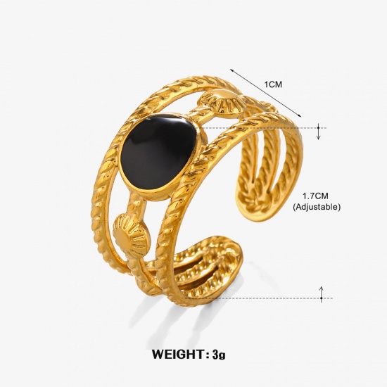 Picture of 1 Piece Vacuum Plating Stylish Ins Style 18K Gold Plated Black 304 Stainless Steel Open Round Enamel Rings Unisex Party 17mm(US Size 6.5)