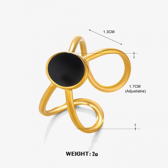 Bild von 1 Stück Vakuumbeschichtung Stilvoll Ins Stil 18K Gold Plattiert Schwarz 304 Edelstahl Offen Oval Emaille Ring Für Frauen Party 17mm (US Größe 6.5)