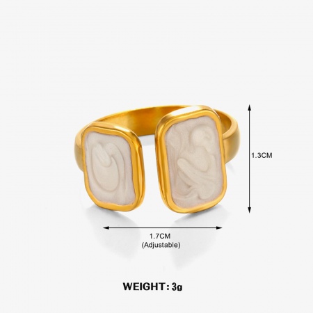 Picture of Wholesale Women's Gift Rectangle White Enamel Open Rings, 18K Gold Plated 304 Stainless Steel, Vacuum Plating Ins Style Stylish Jewelry Supply, 17mm(US Size 6.5), 1 Piece