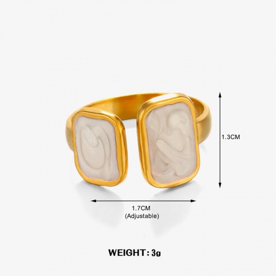 Imagen de 1 Unidad Enchapado al Vacío Elegante Estilo Ins Chapado en Oro de 18K Blanco 304 Acero Inoxidable Abierto Rectángulo Esmalte Anillos Para Mujeres Fiesta 17mm (US size 6.5)