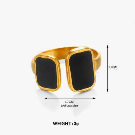 Picture of Wholesale Women's Gift Rectangle Black Enamel Open Rings, 18K Gold Plated 304 Stainless Steel, Vacuum Plating Ins Style Stylish Jewelry Supply, 17mm(US Size 6.5), 1 Piece