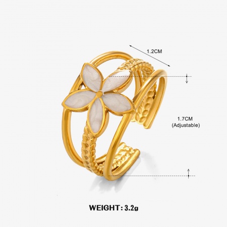 Picture of Wholesale Women's Gift Flower White Enamel Open Rings, 18K Gold Plated 304 Stainless Steel, Vacuum Plating Ins Style Stylish Jewelry Supply, 17mm(US Size 6.5), 1 Piece