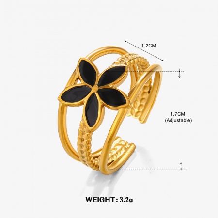Picture of Wholesale Women's Gift Flower Black Enamel Open Rings, 18K Gold Plated 304 Stainless Steel, Vacuum Plating Ins Style Stylish Jewelry Supply, 17mm(US Size 6.5), 1 Piece