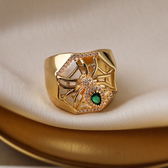 Изображение 1 ШТ Гипоаллергенный Стильный Ретро 18K позолоченный Зеленый Латунь+ Искусственный Циркон Открытый Хэллоуин Паук ПаутинаХэллоуина ажурная резьба Кольца Для женщин Партия 17мм(Американский Размер 6.5)