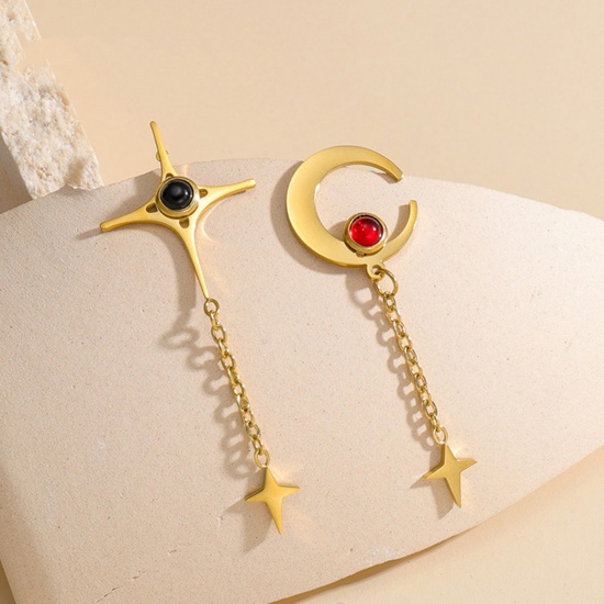 Immagine di 1 Paio Placcatura Sottovuoto Retrò Galassia Placcato Oro 18K 304 Acciaio Inossidabile & Strass Luna Stella Orecchini Asimmetrici Per Donne Festa 5.6cm x 1cm