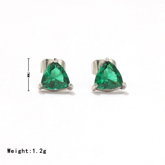 Bild von 1 Paar Umweltfreundlich Exquisit Monatsstein Echt Platin plattiert Grün 304 Edelstahl & Strass Dreieck Ohrring Ohrstecker Für Frauen Geburtstag 7mm x 7mm