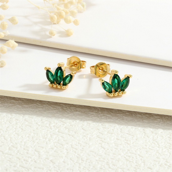 Immagine di 1 Paio Ecologico Elegante Squisito Placcato Oro 18K Verde Ottone + Zircone Cubico Olive Corona Orecchini a Perno Per Donne Compleanno 8mm x 7mm