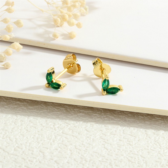 Immagine di 1 Paio Ecologico Elegante Squisito Placcato Oro 18K Verde Ottone + Zircone Cubico Foglia Orecchini a Perno Per Donne Compleanno 7mm x 5mm