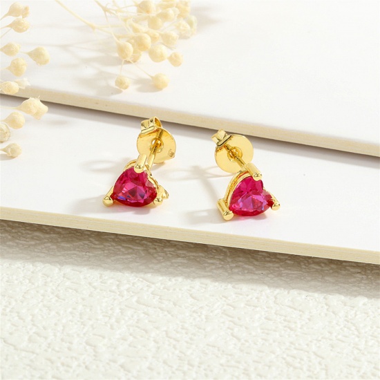 Immagine di 1 Paio Ecologico Elegante Squisito Placcato Oro 18K Rosso Prugna Ottone + Zircone Cubico Cuore Orecchini a Perno Per Donne Compleanno 6mm x 6mm