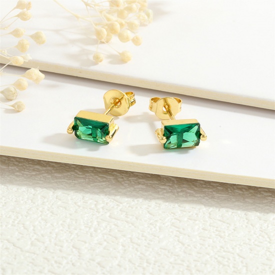 Immagine di 1 Paio Ecologico Elegante Squisito Placcato Oro 18K Verde Ottone + Zircone Cubico Rettangolo Orecchini a Perno Per Donne Compleanno 7mm x 5mm