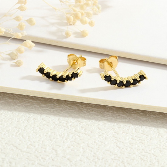 Immagine di 1 Paio Ecologico Elegante Squisito Placcato Oro 18K Nero Ottone + Zircone Cubico Curva Orecchini a Perno Per Donne Compleanno 14mm x 4mm