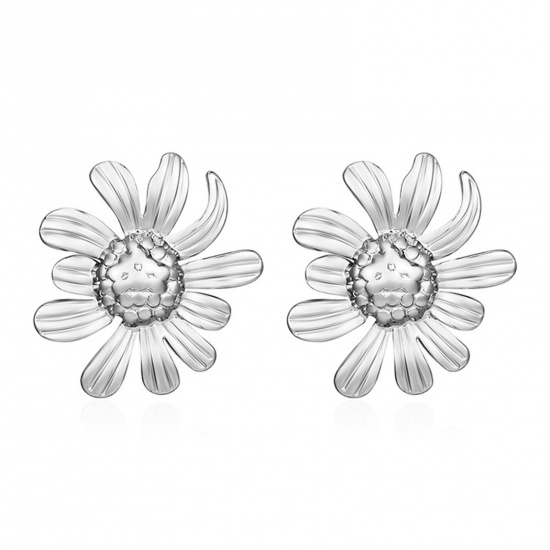 Image de 1 Paire Respectueux de la Nature Sucré & Mignon Boucles d'Oreilles Puces Élégant en 304 Acier Inoxydable Marguerite Argent Mat Fête Pour Femmes 27mm x 24mm