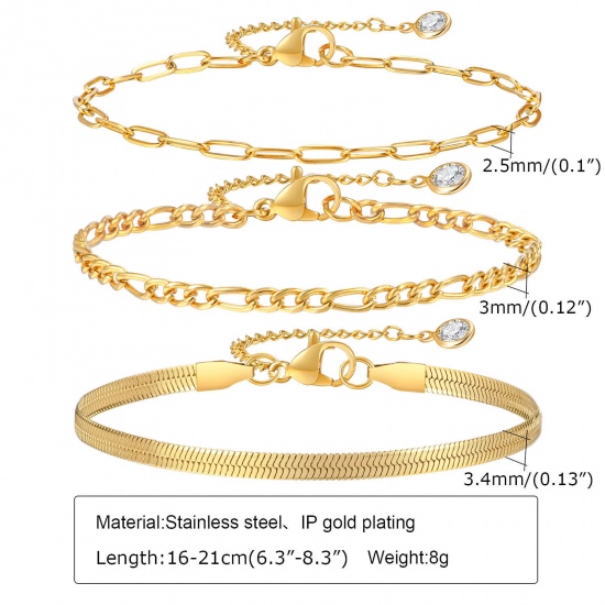 Immagine di 1 Serie ( 3 Pz/Serie) Placcatura Sottovuoto Stile Ins Elegante Placcato Oro 18K 304 Acciaio Inossidabile & Strass Catena a Maglia Fatta a Mano Catena a Maglie Bracciale Multistrato a Strati Per Donne Festa 16cm Lunghezza