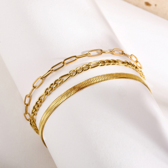 Immagine di 1 Serie ( 3 Pz/Serie) Placcatura Sottovuoto Stile Ins Elegante Placcato Oro 18K 304 Acciaio Inossidabile & Strass Catena a Maglia Fatta a Mano Catena a Maglie Bracciale Multistrato a Strati Per Donne Festa 16cm Lunghezza