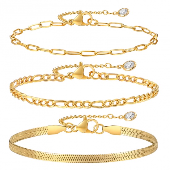 Immagine di 1 Serie ( 3 Pz/Serie) Placcatura Sottovuoto Stile Ins Elegante Placcato Oro 18K 304 Acciaio Inossidabile & Strass Catena a Maglia Fatta a Mano Catena a Maglie Bracciale Multistrato a Strati Per Donne Festa 16cm Lunghezza